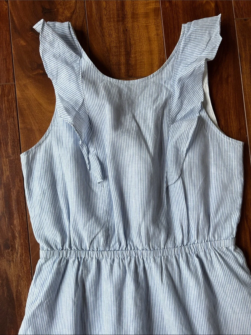 J. Crew Light Blue Pinstripe Ruffle-Shoulder Mini Dress